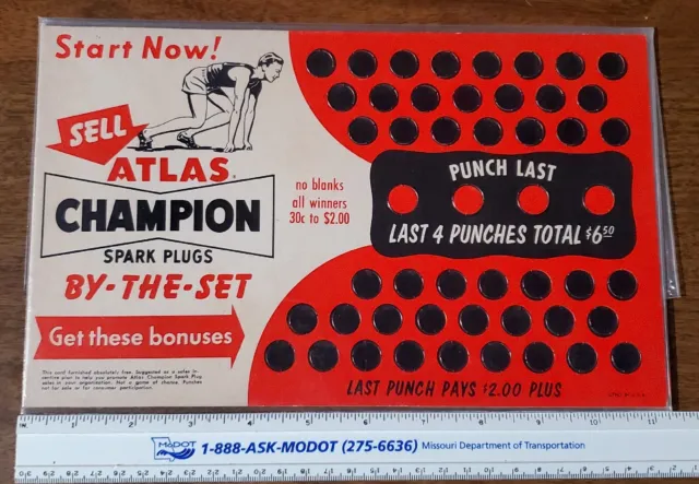 Vintage TRY YOUR LUCK FREE PRIZE Unpunched Punch Card Atlas Champion Spark Plugs