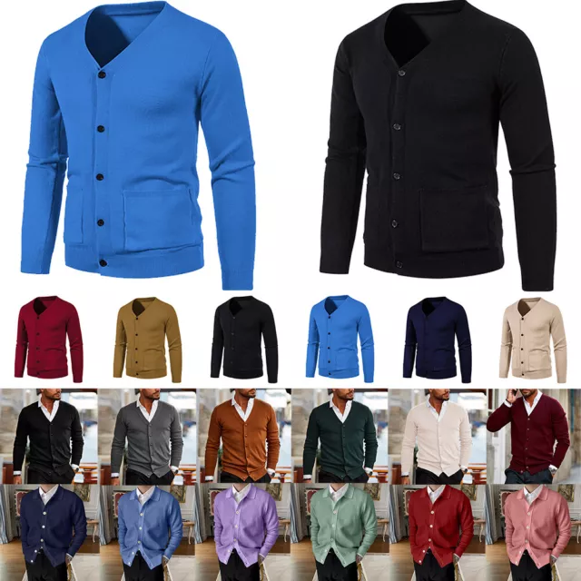 Uomo Casual Maglia Bavero Cardigan Cappotto Bottoni Manica Lunga Maglione Giac+