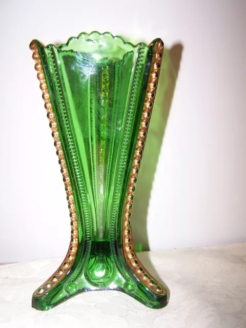 Beautiful Emerald Green Triangular Vase - Heavy Gold - Beaded - Zipper - Footed