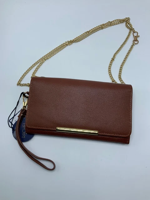 Rachael Roy Genuine Leather Clutch Purse Wristlet brown Chain NWT