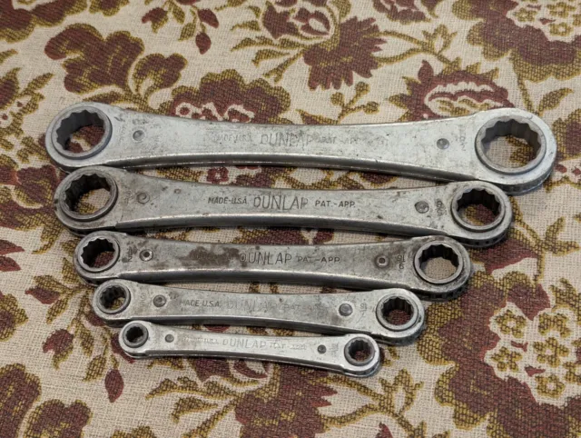 VINTAGE DUNLAP TOOLS Set Of 5  RATCHETING DOUBLE BOX END WRENCH, USA