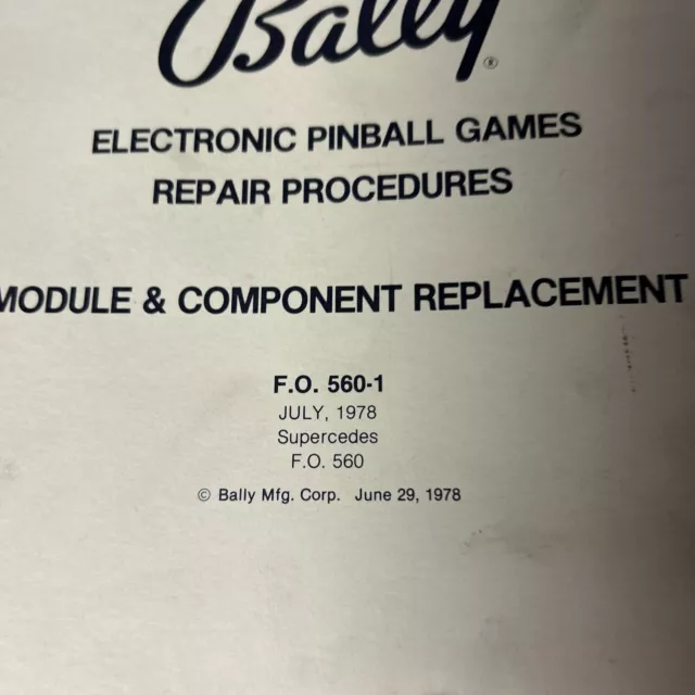 Bally Pinball Electronic repair Procedures 1978 FO-560-1 arcade game manual