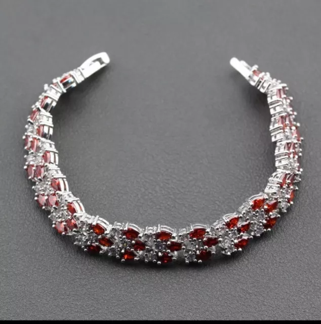 Red Garnet  White Topaz Tennis  Overlay Sterling Silver Gemstone Bracelet  7" 3