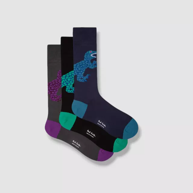 $95 Paul Smith Men's 3-Pair Pack Blue Graphic Dino Logo Dress Socks One-Size
