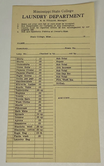 Vtg Mississippi State University College Laundry Department Cleaning Ticket