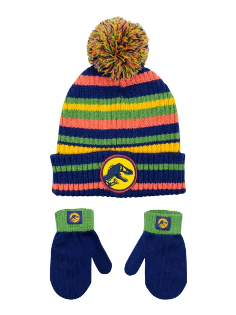 JURASSIC WORLD Cable Knit Hat Cuffed Pom Beanie & Mittens Set Toddler's NWT  $20