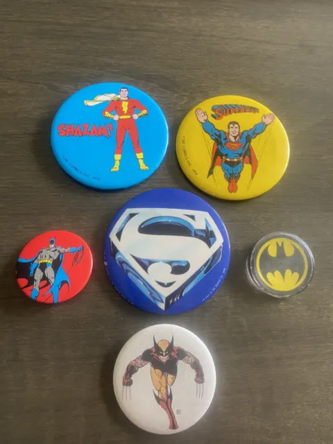 1970s Superhero Pin backs Superman Batman Shazam  Marvel Wolverine buttons (6)