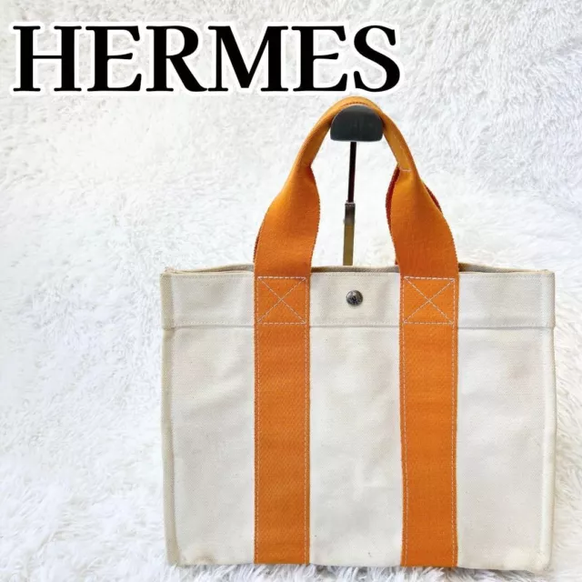 Hermes Bora Bora PM Ivory x Orange Canvas Tote Bag