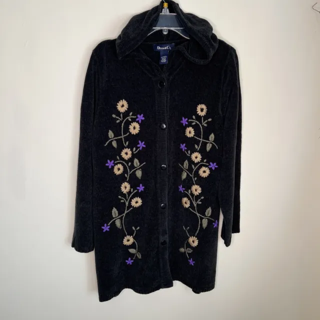 Denim & Co. Women's L Long Sl Button Front Embroidered Hooded Cardigan Sweater