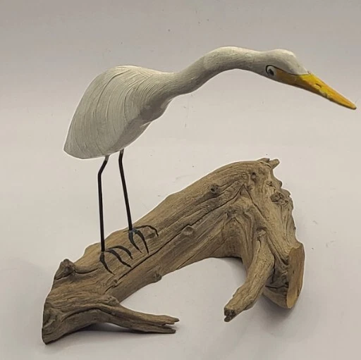Vintage American egret on driftwood. Hand carved signed piece.