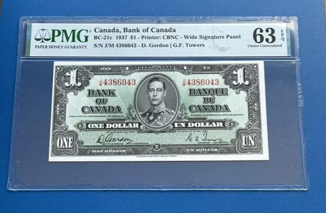 1937 Canada $1 D. Gordon G.F. Towers Wide Signature Panel PMG 63 Choice UNC. EPQ