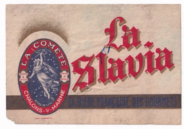 1949 Brasseries La Comete, Chalons-Sur-Marne, France La Slavia Biere Label