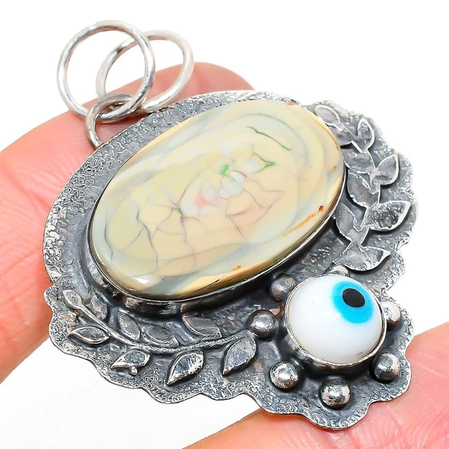 Imperial Jasper, Evil Eye Gemstone 925 Sterling Silver Jewelry Pendant 2.09"
