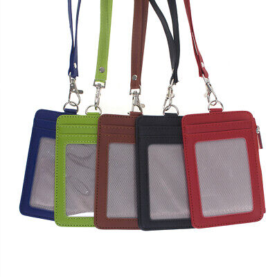 Leather Vertical ID Badge Holder with Zip Pocket and Neck Lanyard Necklace Case