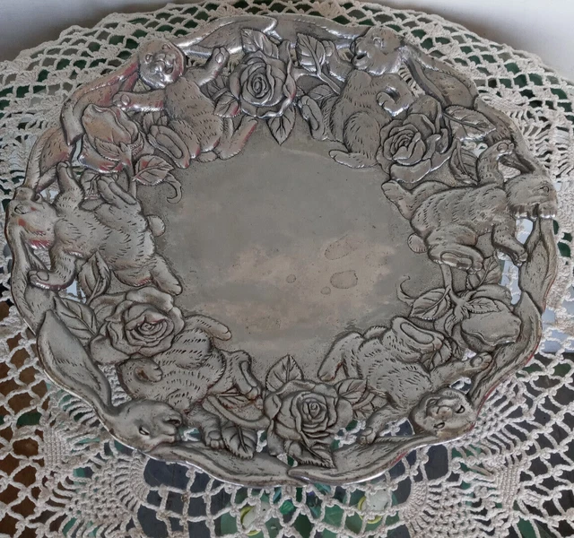 ARTHUR COURT BUNNY Rabbit & Roses Theme Large 12” Round Metal Bowl 1995