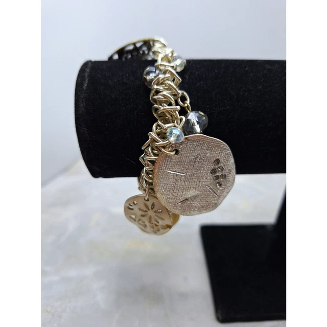 A BEACHY SILVER Tone Stretch Charm Bracelet Sand Dollar Roman Coin Boho ...