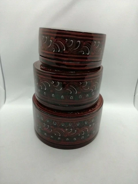 Antique Burmese Lacquerware Old Lacquer, colorful, 3 nested containers. 8