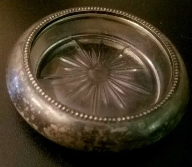 Vintage Glass Ashtray/Trinket/Ring Holder; Starburst Design; Silver Plated Rim