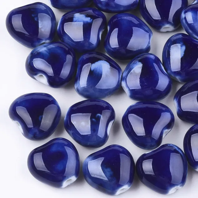 10Pcs Blue Heart Glazed Porcelain Handmade Porcelain Beads Craft 14~15x16x9~10mm