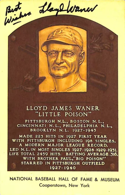 Lloyd Waner Signed Hall of Fame Postcard PSA/DNA LOA Yellow HOF Plaque Pirates