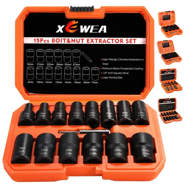Bolt Extractor Set, 15PCS Lug Nut Removal Tools Twist Extractor Socket Set