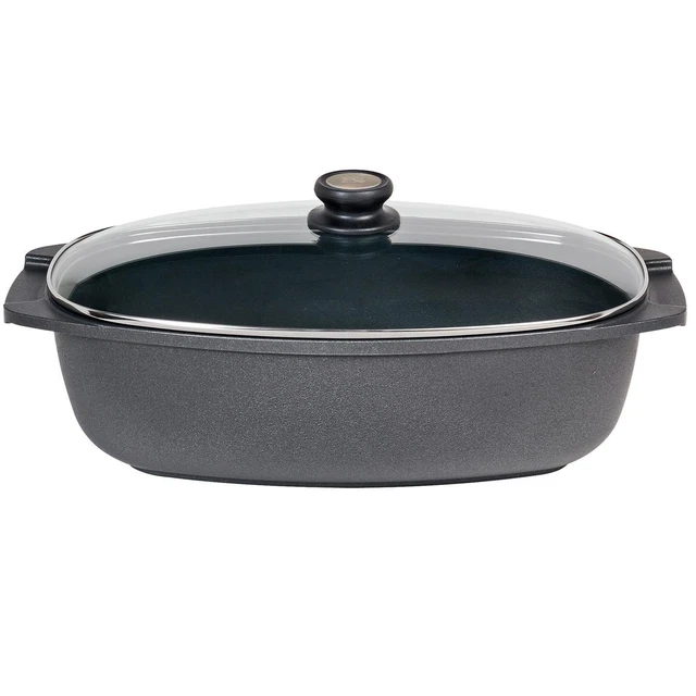 SKK Aluguss Bräter 40x24 cm Induktion eckig Brattopf beschichtet mit Glasdeckel