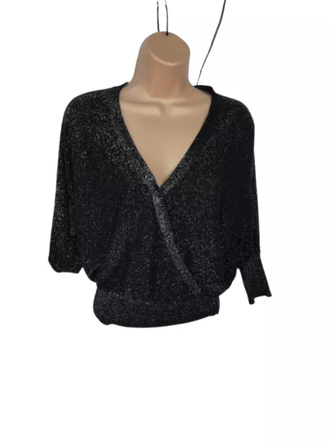 Womens Oasis Uk S Small Black Silver Sparkle Wrap Jumper Sweater Christmas Top