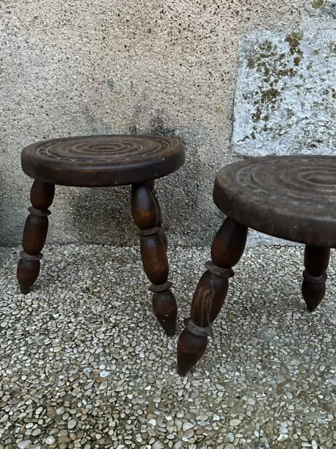 Matching Pair Of Antique French Rustic 3-legged Carved Button Seat Bobbin Stools 3