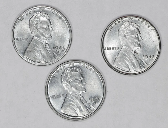 1943 P / D / S Lincoln Wheat Cent Penny 1C Gem Steel Cents Set Of 3 Coins