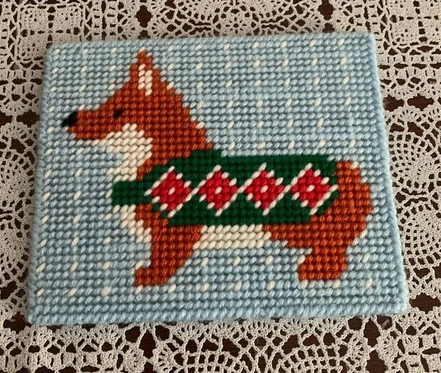 Handmade Red and White Corgi Winter Needlepoint Sign 7 In Dog Sweater Snowflakes