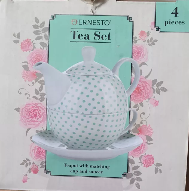 Retro Ernesto Porzellan Teekanne, Tasse, Untertasse Set grün gepunktet Neu!