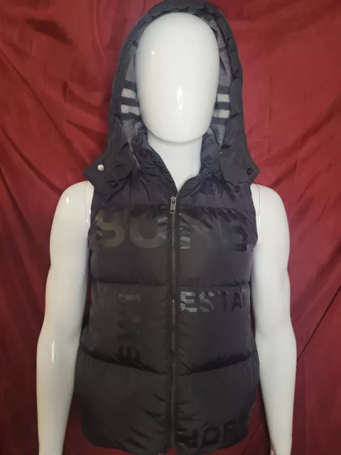 Burberry Black Puffer Gilet Vest Printed Text, Detachable Hood & Duck Down Med-L