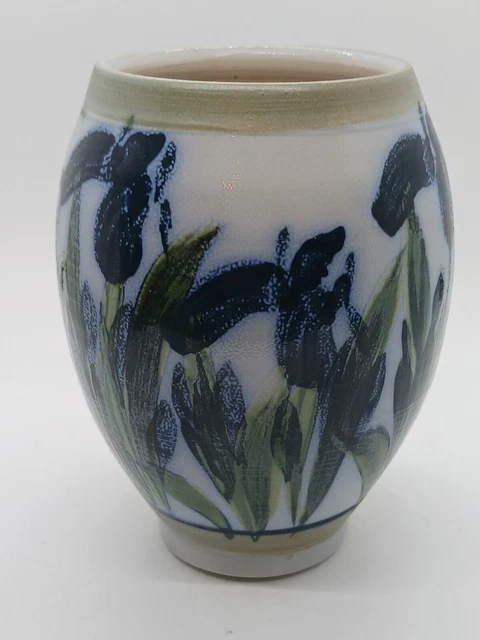 Handmade Salt Glazed Studio Pottery Vase Signed Blue Iris Motif 6.25" Tall