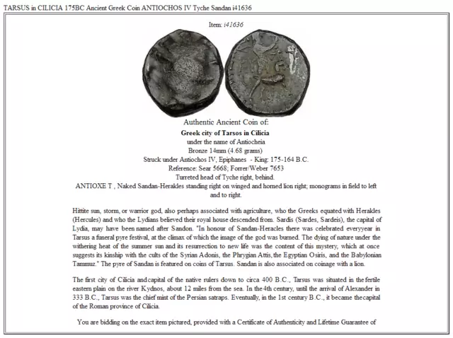 TARSUS in CILICIA 175BC Ancient Greek Coin ANTIOCHOS IV Tyche Sandan  i41636 3