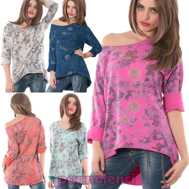 Maglia felpa manica lunga asimmetrica fiori donna nuovo AS-5126-1