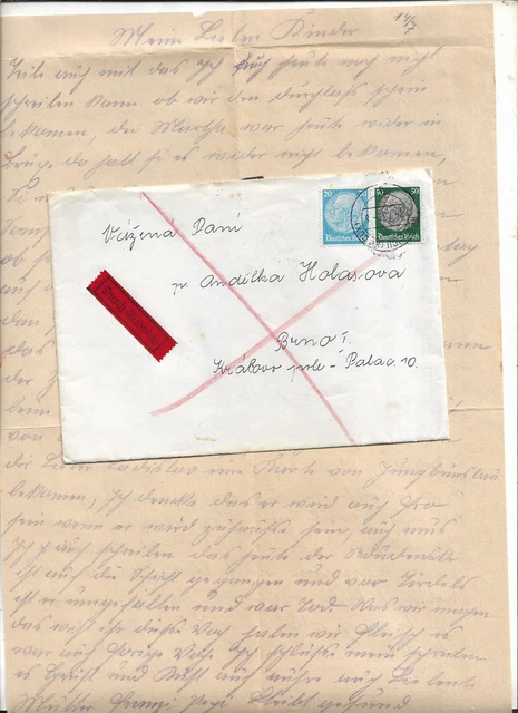 GERMANY 1939s COVER WITH BILINGUAL LETTER TO BRNO/PAID 70 Rp HINDENBURG