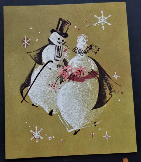 Vtg1950s Peggy Sheppard Accent on Christmas card snowman couple unusual + unused