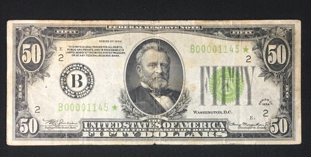 1934 $50 FRN STAR FR 2102-B* Fed. Res. Note Light Green Seal Serial # B00001145*