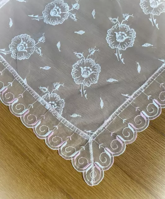 ~ Vintage Chiffon Floral Lace Table Runner Sheer Dresser Scarf Off White Pink ~