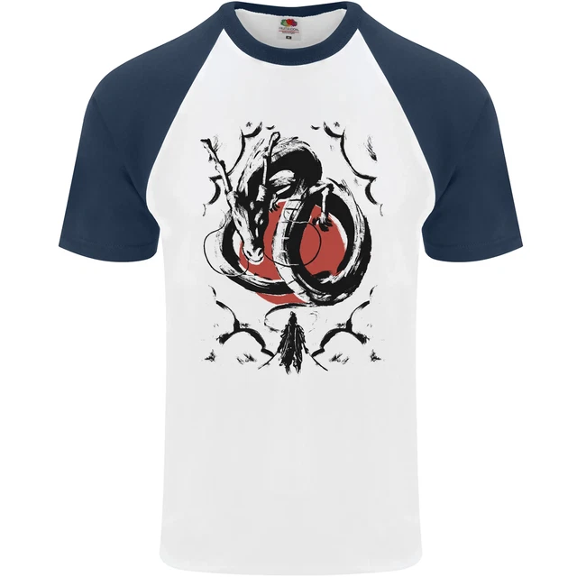 Samurai Warrior Dragon & Sun Fantasy MMA Mens S/S Baseball T-Shirt