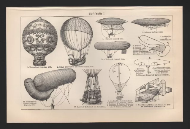 Lithografie 1927: Luftschiffe I/II. Luftballon Fraiballon Drachenballon Zeppelin