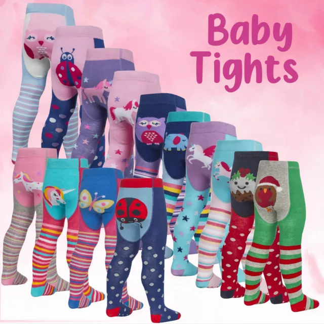 1 2 Pack Babies Baby  Girls Tights Cotton Rich Anti Slip Unicorn Christmas Xmas