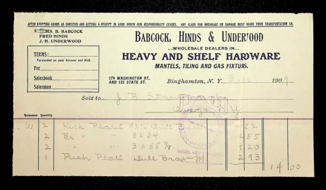 Babcock, Hinds & Underweood Hardware BINGHAMTON, NY 1907 Ephemera Billhead