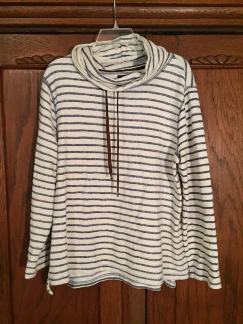 Womens Chaps French Terry Pull Over Sweater XL Cowl Neck Striped White Blue Tie