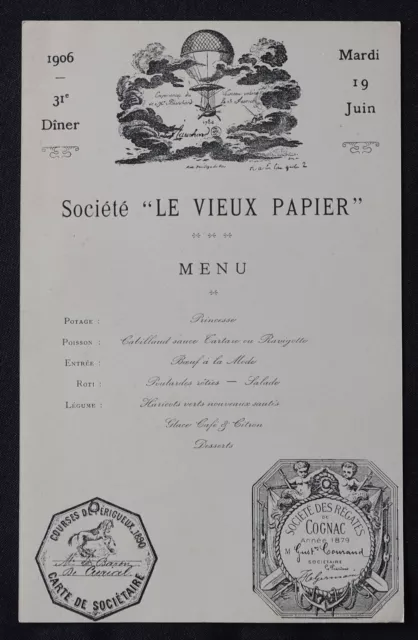 MENU 19 JUIN 1906 Société LE VIEUX PAPIER Aérostat Cognac Restaurant card