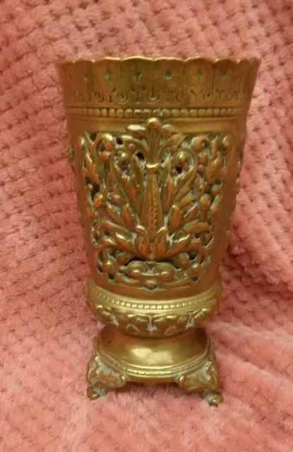 Antique French Reticulated ornate Gold Gilt brass candle Vase rare example