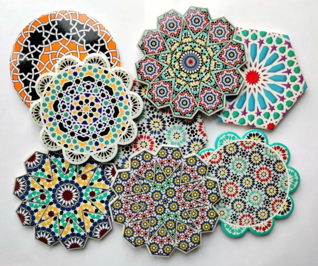 Colourful Round Ceramic Moroccan Design Coaster Geometric Mosaic Tile Cork  Base