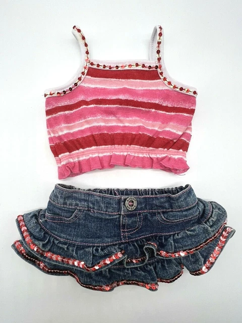 Build A Bear Red Pink White Tank Top Denim Sequin Jean Skirt Teddy Clothes