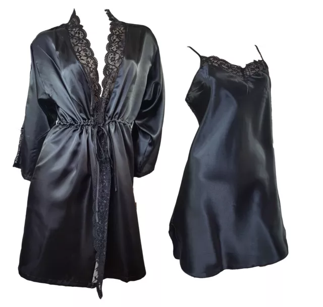 Neglige + accappatoio (cappotto da mattina) set raso con pizzo nero XL - camicia da notte