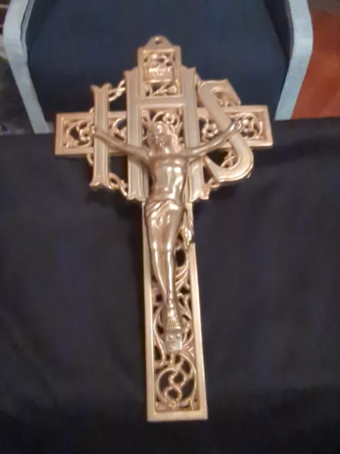 Vintage Crucifix Christian Cross IHS Ornate Heavy Metal wall mount 9.5 "